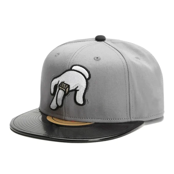 Stylish Cartoon Embroidered Adult Baseball Cap Playful Vinyl Record Brim Design Finger Pattern Hip Hop Flat Sun Hat