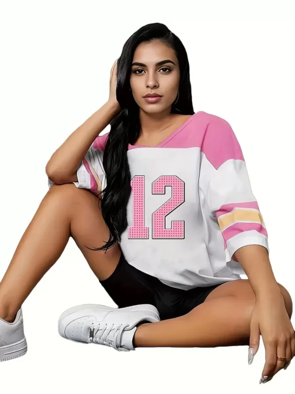 NO.12 Print Women PLUS SIZE V-Neck Short Sleeve T-Shirt Baseball Jerseys Stripe Sport T-Shirt Women clothing